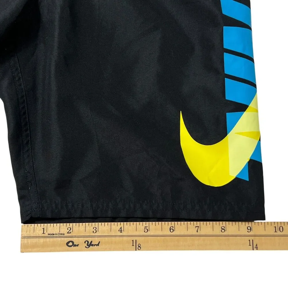 Nike Boys XL Black Swim Trunks Blue Yellow Graphic Logo Mesh Lined Summer